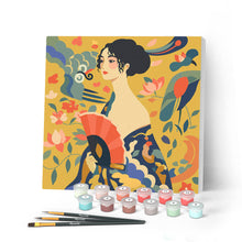 Load image into Gallery viewer, Paint by numbers kit for adults Mini Paint by numbers Lady with a Fan - Klimt 20x20cm already framed Figured'Art UK