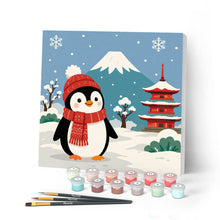 Load image into Gallery viewer, Paint by numbers kit for adults Mini Paint by numbers Penguin by Mount Fuji 20x20cm already framed Figured'Art UK