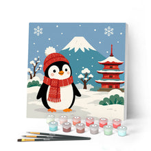Load image into Gallery viewer, Paint by numbers kit for adults Mini Paint by numbers Penguin by Mount Fuji 20x20cm already framed Figured'Art UK