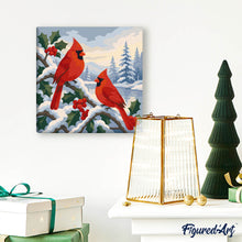 Load image into Gallery viewer, Mini Paint by numbers Winter Cardinals 20x20cm already framed