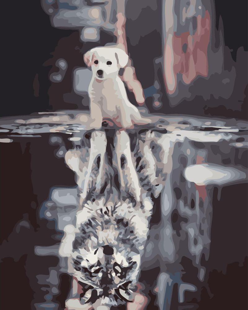 Paint by numbers | Dog and Wolf reflection | animals dogs intermediate wolves new arrivals | Figured'Art