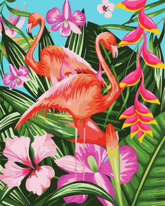Paint by numbers | Flamingos and large leaves | animals advanced flamingos new arrivals birds | Figured'Art
