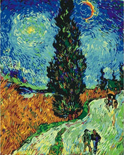 Load image into Gallery viewer, paint by numbers | van gogh road with cypress and star | new arrivals reproduction landscapes van gogh advanced | FiguredArt