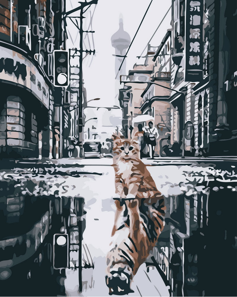 Paint by Numbers - Cat reflecting tiger in the city