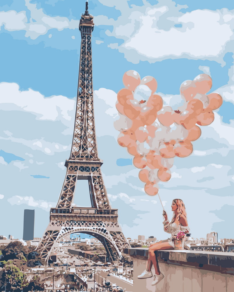 Paint by Numbers - Woman and balloons by the Eiffel Tower