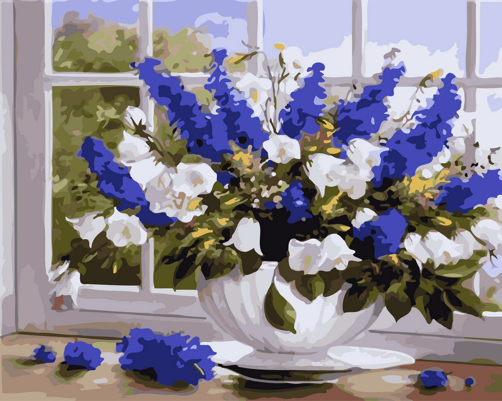 Paint by Numbers - Vase of blue and white flowers