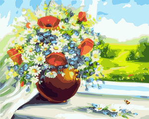 Paint by Numbers - Vase of flowers with a view of the fields