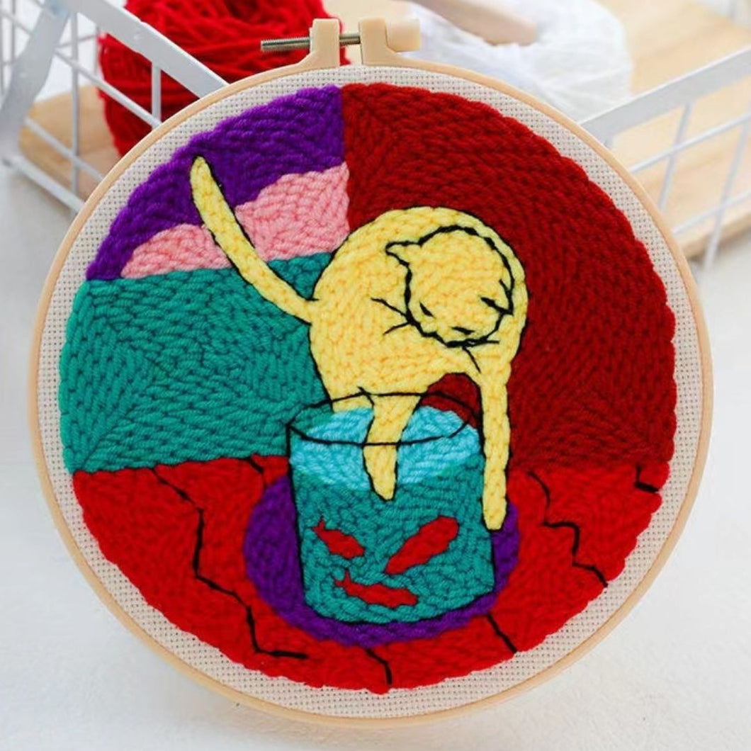 Punch Needle Kit - A Cat playing with Goldfish