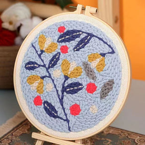 Punch Needle Kit - Hollies on a Blue background