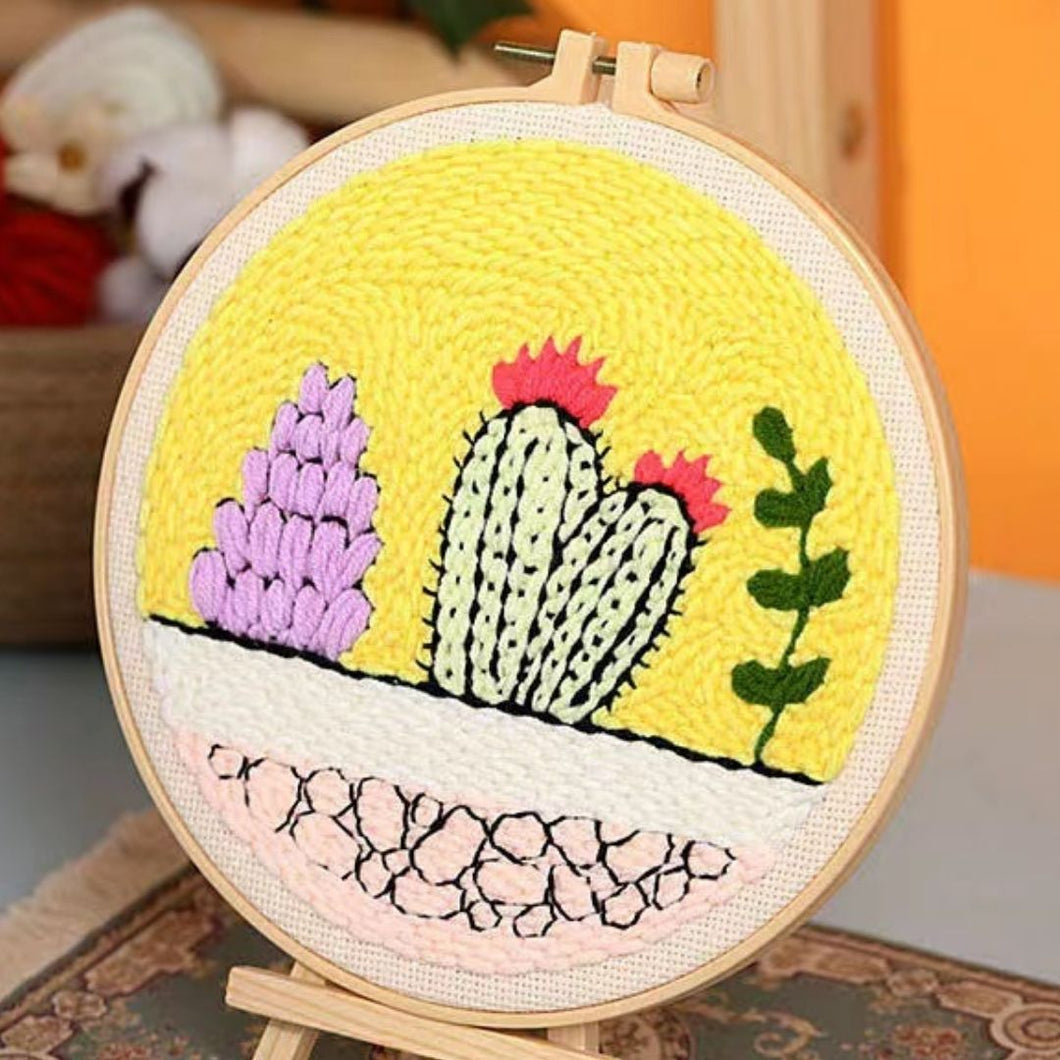 Punch Needle Kit - Colorful Cacti by a Yellow Wall