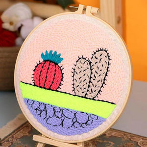 Punch Needle Kit - Colorful Cacti by a Pink Wall