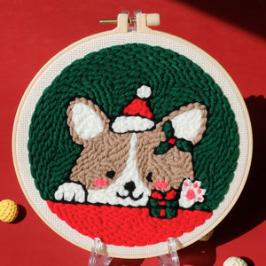 Punch Needle Kit - Dog in Santa hat