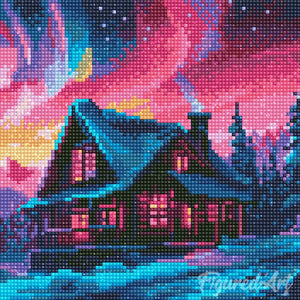 Mini Diamond Painting 25x25cm - House under Aurora Sky