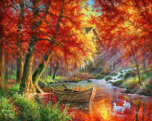 Paint by numbers Autumn River and Boat Figured'Art new arrivals, advanced, landscapes, forest