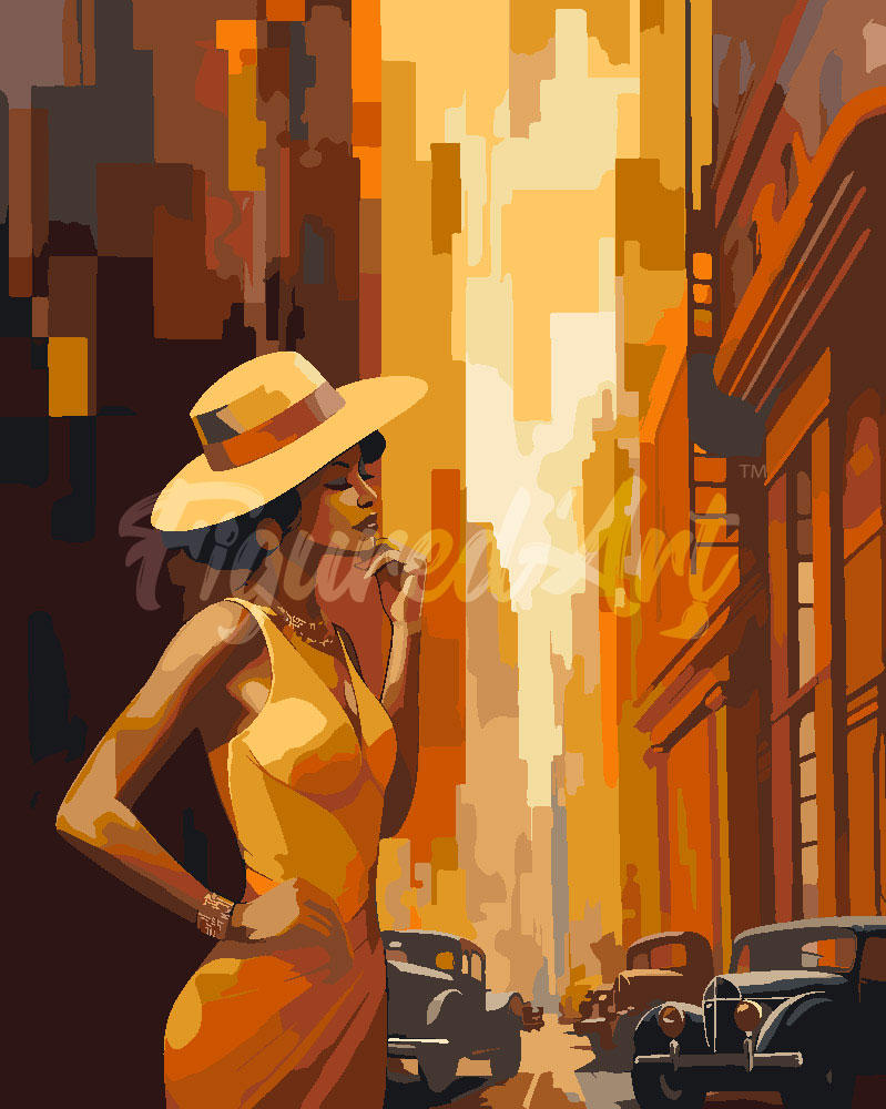 Paint by numbers kit for adults Art Deco Woman in Town Figured'Art UK