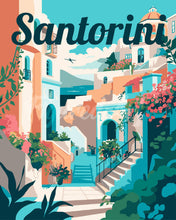 Load image into Gallery viewer, Paint by numbers kit for adults Travel Poster Santorini in Bloom Figured&#39;Art UK