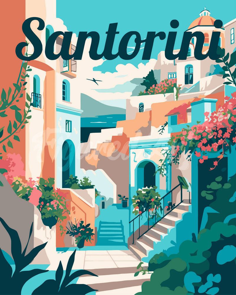 Paint by numbers kit for adults Travel Poster Santorini in Bloom Figured'Art UK