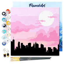 Load image into Gallery viewer, Mini Paint by numbers City Skyline under Pink Sky 20x20cm already framed