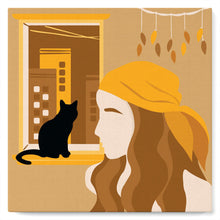 Load image into Gallery viewer, Mini Paint by numbers Cat at the window and a woman 20x20cm already framed