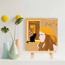 Load image into Gallery viewer, Mini Paint by numbers Cat at the window and a woman 20x20cm already framed