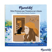 Load image into Gallery viewer, Mini Paint by numbers Cat at the window and a woman 20x20cm already framed