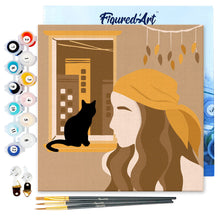 Load image into Gallery viewer, Mini Paint by numbers Cat at the window and a woman 20x20cm already framed