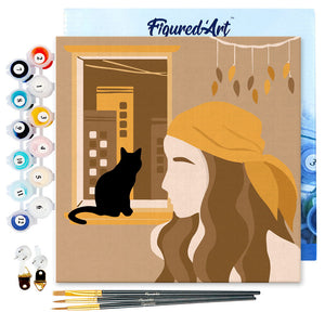 Mini Paint by numbers Cat at the window and a woman 20x20cm already framed