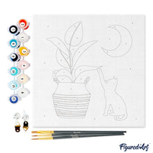 Load image into Gallery viewer, Mini Paint by numbers Cat plays with plant in the moonlight 20x20cm already framed