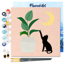 Load image into Gallery viewer, Mini Paint by numbers Cat plays with plant in the moonlight 20x20cm already framed