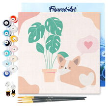 Load image into Gallery viewer, Mini Paint by numbers Little Puppy Loves Monstera 20x20cm already framed