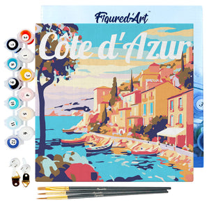 Mini Paint by numbers Travel Poster Cote d'Azur 20x20cm already framed