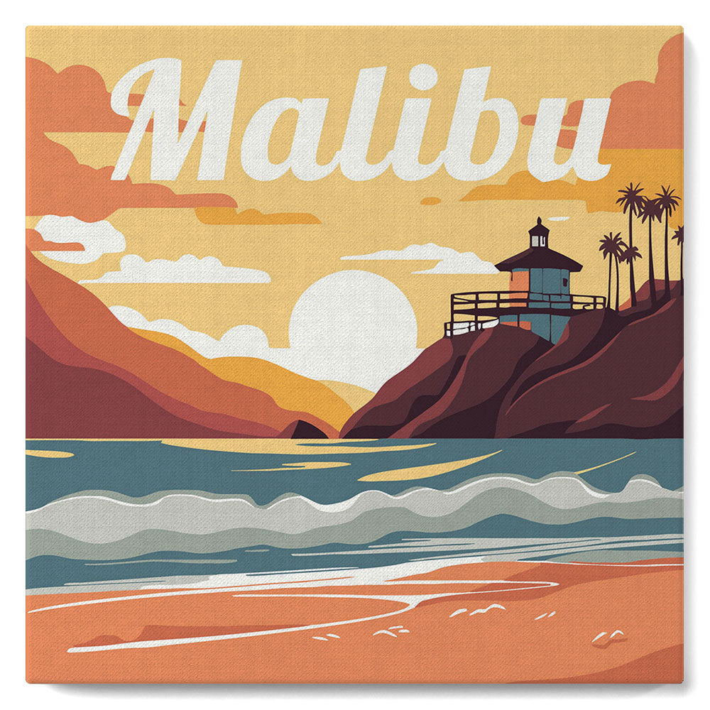 Mini Paint by numbers Travel Poster Malibu 20x20cm already framed Figured'Art UK