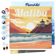 Load image into Gallery viewer, Mini Paint by numbers Travel Poster Malibu 20x20cm already framed