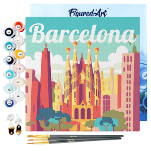 Mini Paint by numbers Travel Poster Barcelona 20x20cm already framed