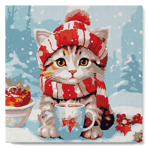 Mini Paint by numbers Cute cat in Red Scarf 20x20cm already framed Figured'Art UK
