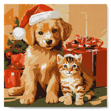 Load image into Gallery viewer, Mini Paint by numbers Christmas Cat and Dog 20x20cm already framed Figured&#39;Art UK