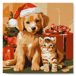 Mini Paint by numbers Christmas Cat and Dog 20x20cm already framed Figured'Art UK