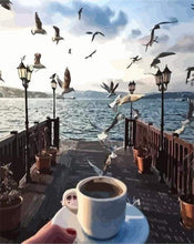 Load image into Gallery viewer, paint by numbers | Coffee and Seagulls at waterfront | intermediate landscapes | FiguredArt