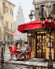 Load image into Gallery viewer, Paint by numbers | Couple at a café | intermediate romance cities | Figured&#39;Art