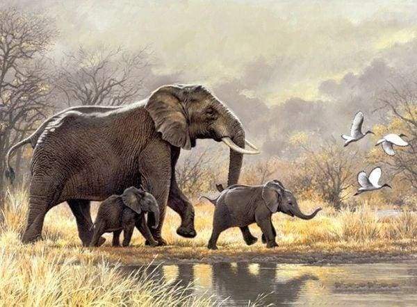 Diamond Painting | Diamond Painting - Family of Elephants in the savannah | animals Diamond Painting Animals elephants | FiguredArt