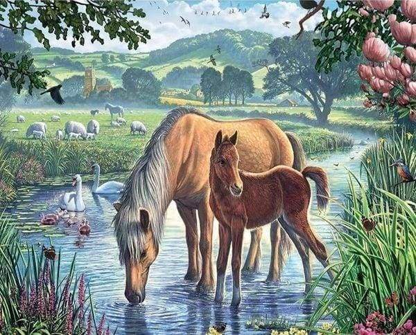 Diamond Painting | Diamond Painting - Horses and Creek | animals Diamond Painting Animals horses | FiguredArt