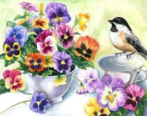 Diamond Painting | Diamond Painting - Little Bird and Cup of Flowers | animals birds Diamond Painting Animals Diamond Painting Flowers
