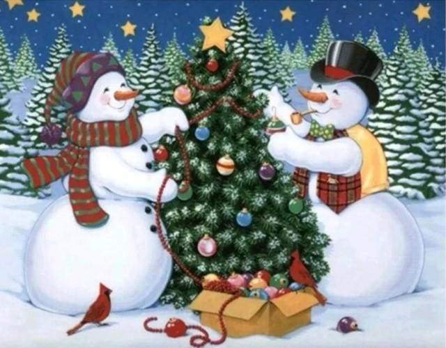Diamond Painting | Diamond Painting - Snowmen and Christmas tree | animals christmas Diamond Painting Animals winter | FiguredArt