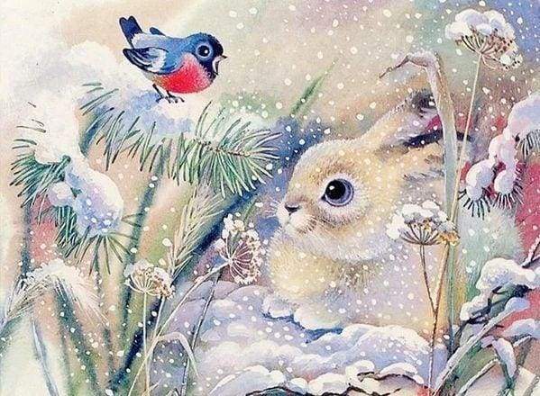 Diamond Painting | Diamond Painting - White Rabbit in the Snow | animals Diamond Painting Animals rabbits winter | FiguredArt