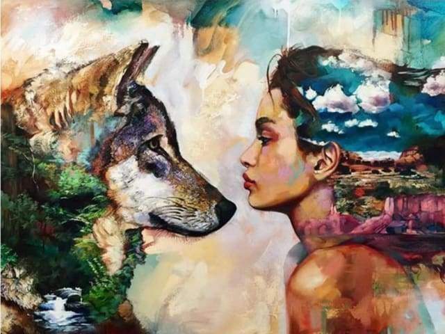 Diamond Painting | Diamond Painting - Young Woman and Wolf | animals Diamond Painting Animals Diamond Painting Romance rabbits romance |