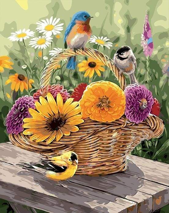 paint by numbers | Flowers in a Basket and Birds | animals birds flowers intermediate | FiguredArt