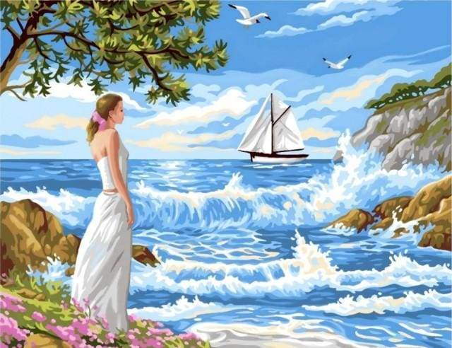 paint by numbers | Girl and Waves | easy landscapes ships and boats | FiguredArt