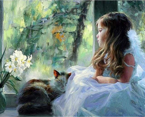 paint by numbers | Girl looking through the window | advanced animals cats romance | FiguredArt