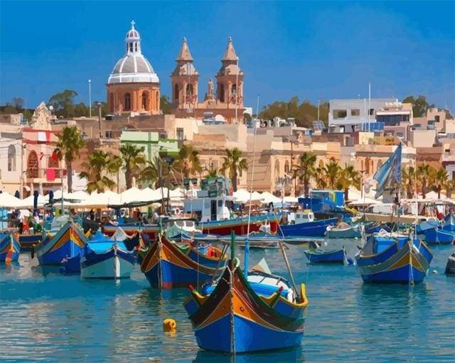 paint by numbers | Harbor in Malta | advanced landscapes ships and boats | FiguredArt