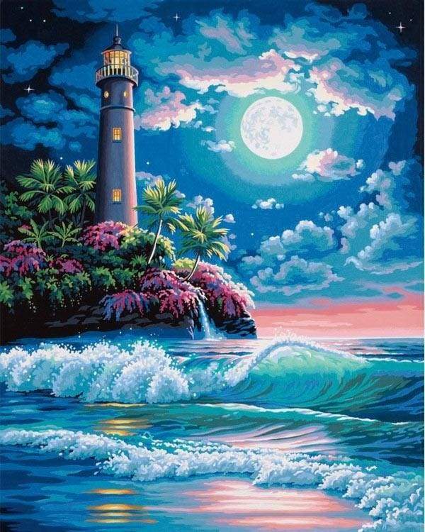 paint by numbers | Lighthouse under a full moon | intermediate landscapes | FiguredArt